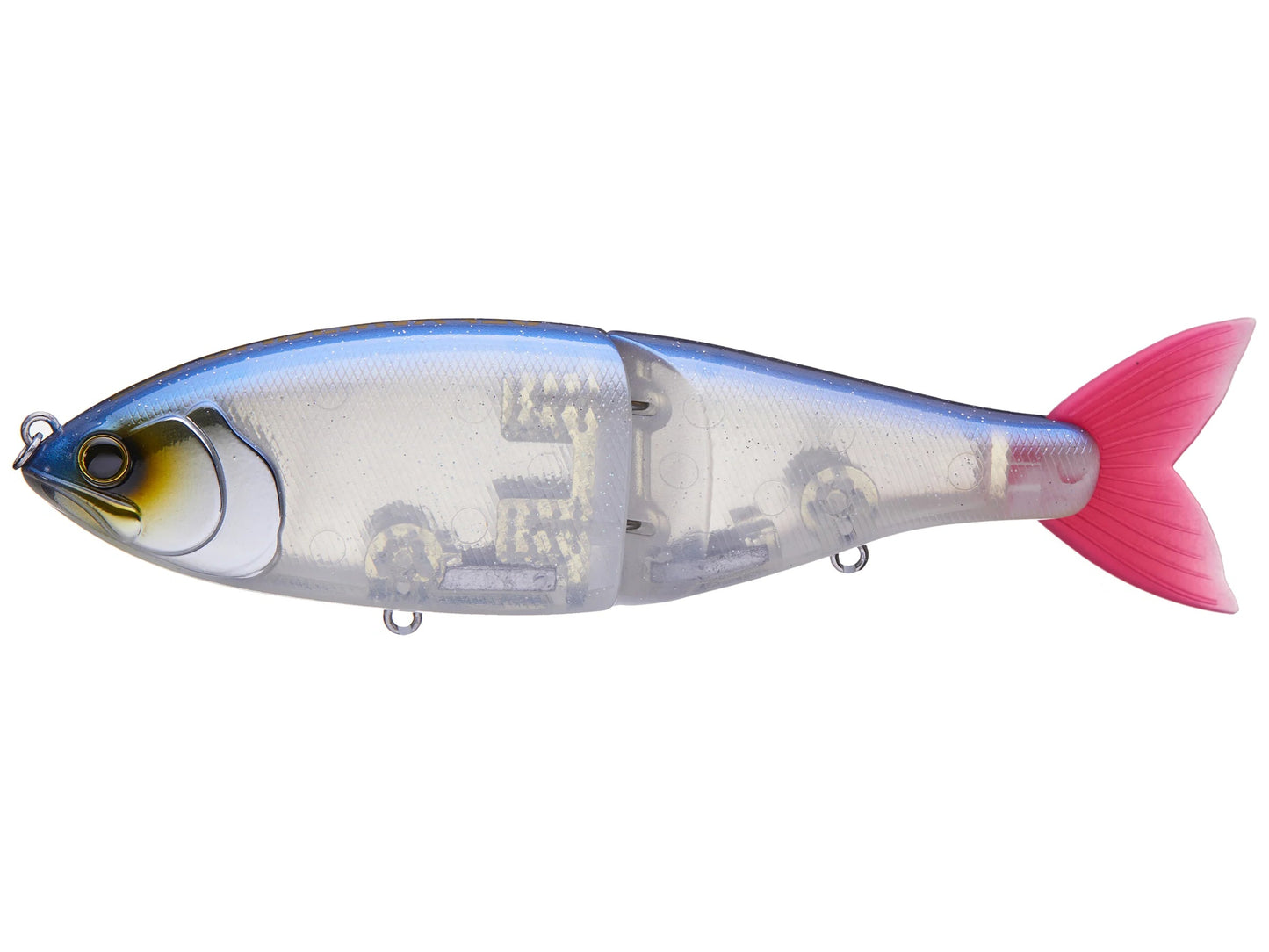 Fishing lure with pink tail and clear body on a white background